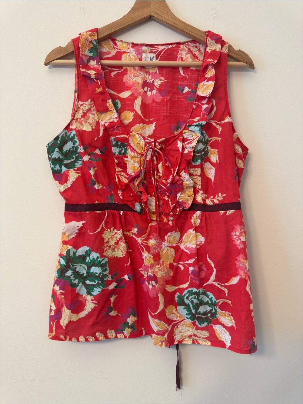 Anthropologie Edme & Esyllte Floral Cotton Top Size 12 V-Neck Ruffle Boho Blouse